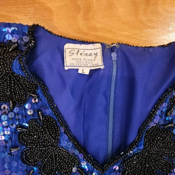 Stenay Vintage Blue and Black Beaded Sequined Short Sleeve Top Size L - Picture 2 of 5